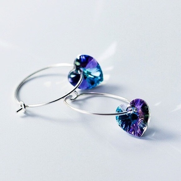 Any 2/$20! Silver Hoops w/Blue & Purple Iridescent Crystal Hearts Earrings - Picture 5 of 8